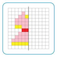 Picture reflection educational game for children. Learn to complete symmetrical worksheets for preschool activities. Coloring grid pages, visual perception and pixel art. Finish the girls dresses. vector