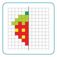 Picture reflection educational game for children. Learn to complete symmetrical worksheets for preschool activities. Coloring grid pages, visual perception and pixel art. Finish the strawberry fruit. vector