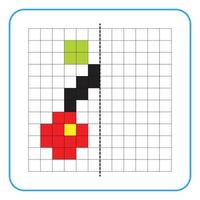 Picture reflection educational game for children. Learn to complete symmetrical worksheets for preschool activities. Coloring grid pages, visual perception and pixel art. Finish the cherry fruit. vector