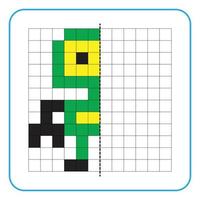 Picture reflection educational game for kids. Learn to complete symmetrical worksheets for preschool activities. Tasks for coloring grid pages, picture mosaics, or pixel art. Finish the ninja robots. vector