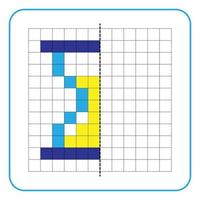 Picture reflection educational game for kids. Learn to complete symmetrical worksheets for preschool activities. Tasks for coloring grid pages, picture mosaics, or pixel art. Finish the hourglass. vector