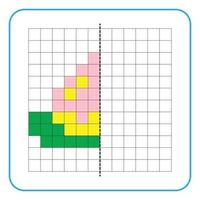 Picture reflection educational game for kids. Learn to complete symmetrical worksheets for preschool activities. Tasks for coloring grid pages, picture mosaics, or pixel art. Finish the peach fruit. vector