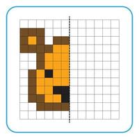 Picture reflection educational game for kids. Learn to complete symmetrical worksheets for preschool activities. Tasks for coloring grid pages, picture mosaics, or pixel art. Finish the capybara face. vector