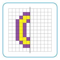 Picture reflection educational game for children. Learn to complete symmetrical worksheets for preschool activities. Coloring grid pages, visual perception and pixel art. Finish the letter O. vector