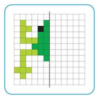 Picture reflection educational game for kids. Learn to complete symmetrical worksheets for preschool activities. Tasks for coloring grid pages, picture mosaics, or pixel art. Finish the green frog. vector