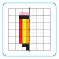 Picture reflection educational game for children. Learn to complete symmetrical worksheets for preschool activities. Coloring grid pages, visual perception and pixel art. Finish the pencil image. vector