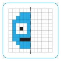 Picture reflection educational game for children. Learn to complete symmetrical worksheets for preschool activities. Coloring grid pages, visual perception and pixel art. Finish the shocked emoticon. vector