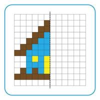 Picture reflection educational game for children. Learn to complete symmetrical worksheets for preschool activities. Coloring grid pages, visual perception and pixel art. Finish the house image. vector