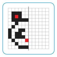 Picture reflection educational game for kids. Learn to complete symmetrical worksheets for preschool activities. Tasks for coloring grid pages, picture mosaics, or pixel art. Finish the panda face. vector