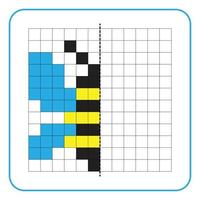 Picture reflection educational game for kids. Learn to complete symmetrical worksheets for preschool activities. Tasks for coloring grid pages, picture mosaics, or pixel art. Finish the honey bee. vector