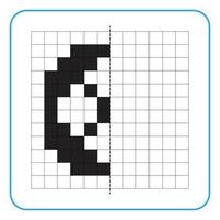 Picture reflection educational game for kids. Learn to complete symmetry worksheets for preschool activities. Tasks for coloring grid pages, picture mosaics, or pixel art. Finish the car tires. vector