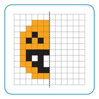 Picture reflection educational game for kids. Learn to complete symmetrical worksheets for preschool activities. Tasks for coloring grid pages, picture mosaics, or pixel art. Finish the happy smile. vector