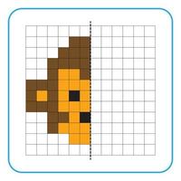 Picture reflection educational game for kids. Learn to complete symmetrical worksheets for preschool activities. Tasks for coloring grid pages, picture mosaics, or pixel art. Finish the monkey face. vector