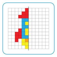 Picture reflection educational game for children. Learn to complete symmetrical worksheets for preschool activities. Coloring grid pages, visual perception and pixel art. Finish the space rocket. vector