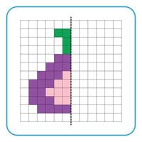 Picture reflection educational game for children. Learn to complete symmetrical worksheets for preschool activities. Coloring grid pages, visual perception and pixel art. Finish the fig fruit image. vector