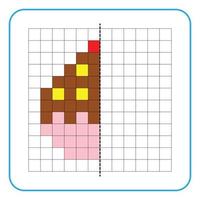 Picture reflection educational game for children. Learn to complete symmetrical worksheets for preschool activities. Coloring grid pages, visual perception and pixel art. Finish the ice cream image. vector