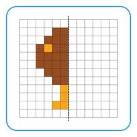 Picture reflection educational game for children. Learn to complete symmetrical worksheets for preschool activities. Coloring grid pages, visual perception and pixel art. Finish the chicken thighs. vector