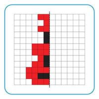 Picture reflection educational game for kids. Learn to complete symmetrical worksheets for preschool activities. Tasks for coloring grid pages, picture mosaics, or pixel art. Finish the guitar. vector