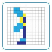 Picture reflection educational game for kids. Learn to complete symmetrical worksheets for preschool activities. Tasks for coloring grid pages, picture mosaics, or pixel art. Finish the windmill. vector