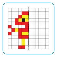 Picture reflection educational game for kids. Learn to complete symmetrical worksheets for preschool activities. Tasks for coloring grid pages, picture mosaics, or pixel art. Finish the robot. vector