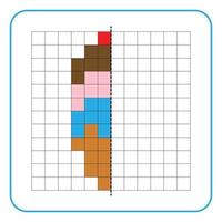 Picture reflection educational game for kids. Learn to complete symmetrical worksheets for preschool activities. Tasks for coloring grid pages, picture mosaics, or pixel art. Finish the ice cream. vector