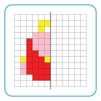 Picture reflection educational game for children. Learn to complete symmetrical worksheets for preschool activities. Coloring grid pages, visual perception and pixel art. Finish the school bag. vector