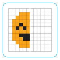 Picture reflection educational game for children. Learn to complete symmetrical worksheets for preschool activities. Coloring grid pages, visual perception and pixel art. Finish the happy emoticon. vector