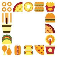 Flat minimalist geometric fast food symbol artwork poster with colorful simple shapes. Abstract vector pattern design of junk food and drink. Burgers, pizza, french fries, soda, coffee and onion ring.