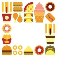 Flat minimalist geometric fast food symbol artwork poster with colorful simple shapes. Abstract vector pattern design of junk food and drink. Burgers, pizza, sandwiches, sodas, coffee and ice cream.