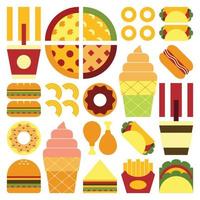 Flat minimalist geometric fast food symbol artwork poster with colorful simple shapes. Abstract vector pattern design of junk food and drink. Burgers, pizza, french fries, soda, coffee and ice cream.