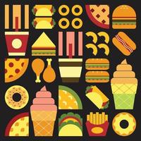 Flat minimalist geometric fast food symbol artwork poster with colorful simple shapes. Abstract vector pattern design of junk food and drink. Burgers, pizza, french fries, soda, coffee and ice cream.