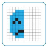 Picture reflection educational game for kids. Learn to complete symmetrical worksheets for preschool activities. Tasks for coloring grid pages, picture mosaics, or pixel art. Finish the sad emoticon. vector