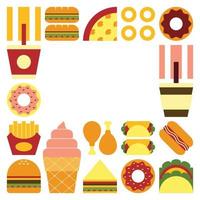 cartel de ilustraciones de símbolo de comida rápida geométrica minimalista plana con formas simples y coloridas. diseño de patrón vectorial abstracto de comida chatarra y bebida. hamburguesas, pizza, papas fritas, refrescos, café y helados. vector