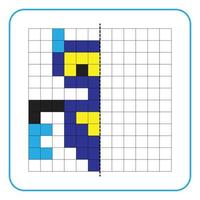 Picture reflection educational game for kids. Learn to complete symmetrical worksheets for preschool activities. Tasks for coloring grid pages, picture mosaics, or pixel art. Finish the robot. vector