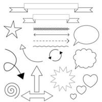 A set of handwritten doodles. Vector templates for doodles, notes in a notebook. Arrows, bubbles, lines. Vector line illustration.