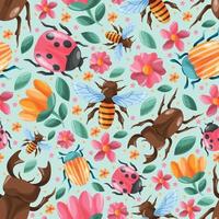 Bugs And Insects Seamless Pattern With Colorful Blooming Flower vector