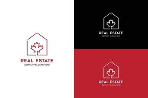 concepto de diseño de logotipo de hogar y hoja de arce para un negocio inmobiliario vector