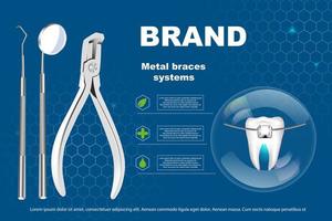 Ilustración de vector 3d, dientes realistas con aparatos ortopédicos. alineación de la mordida de los dientes, dentición con frenos, frenos dentales.