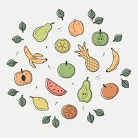 Hand drawing set of fruits. Colorful sketch in doodle style. The set includes icons as apple, pear, peach, pineapple, apricot, watermelon, lemon, orange, banana. Vector illustration.