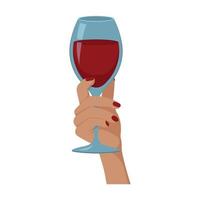 la mano de la mujer sostiene una copa de vino tinto. ilustración vectorial en estilo de dibujos animados plana aislado sobre fondo blanco.. vector