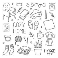 Hand drawn set of home hygge doodles. Coziness and comfortable lifestyle, cozy home. Cushion, house plant, mask for sleep, socks in sketch style.  Vector illustration isolated on white background.