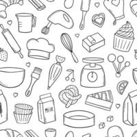 Seamless pattern of baking doodle. Cooking elements. Mixer, butter, flour, spoon, whisk in sketch style.  Hand drawn vector illustration isolated on white background.