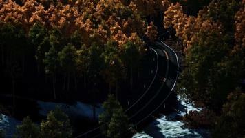aérea sobre uma estrada florestal sinuosa na finlândia durante o pôr do sol video
