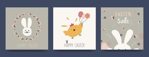 Happy Easter banner. Trendy Easter design with typography, hand drawn strokes and eggs, bunny ears, chick in pastel colors. Modern minimalist style. Vector illustration