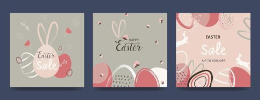 Happy Easter banner. Trendy Easter design with typography, hand drawn strokes and eggs, bunny ears, flowers in pastel colors. Modern minimalist style. Vector illustration