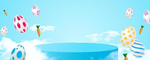 Minimalist scene with a blue cylindrical podium in the clouds and flying Easter eggs and carrots. Stage for product demonstration, showcase. Vector illustration