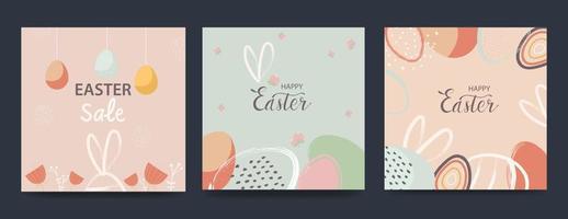 Happy Easter banner. Trendy Easter design with typography, hand drawn strokes and eggs, bunny ears, flowers in pastel colors. Modern minimalist style. Vector