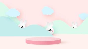 Round podium or pedestal on the minimum stage platform. Mockup studio for product presentation, branding design. Easter bunnies.Vector illustration. vector