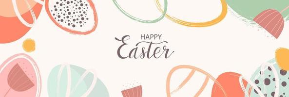 Happy Easter banner. Trendy Easter design with typography, hand drawn strokes and eggs, bunny ears, in pastel colors. Modern minimalist style. Vector illustration