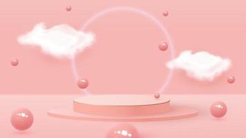 Representación 3d de una caja de podio con bolas y nubes. pelotas que rebotan, fondos pastel, podio o pedestal. ilustración vectorial vector